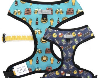 REVERSIBLE DOG HARNESS - beer harness, gamer, dog collar, beer lover, game boy, pac man, nintendo, oktoberfest, frenchie harness