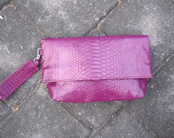Wine Color Python Leather Foldover Clutch, Large Leather Wristlet Purse, Leather Wristlet Clutch