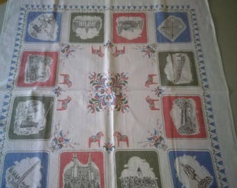 Vintage Swedish Mid Century printed tablecloth with Dala motifs