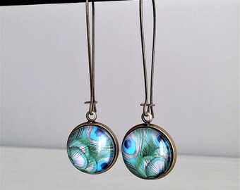 Earrings, Peacock feather green, Peacock feather green Peacock glass cabochon