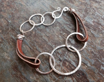 Silver Eternity Bracelet, Silver Leather Bracelet, Three Circle Bracelet