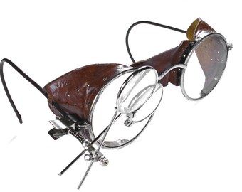 Steampunk Goggles Vintage WILLSON Steam Punk Glasses Perforated BROWN LEATHER Side Shields Leather Bridge Magnifier Loupes - by edmdesigns