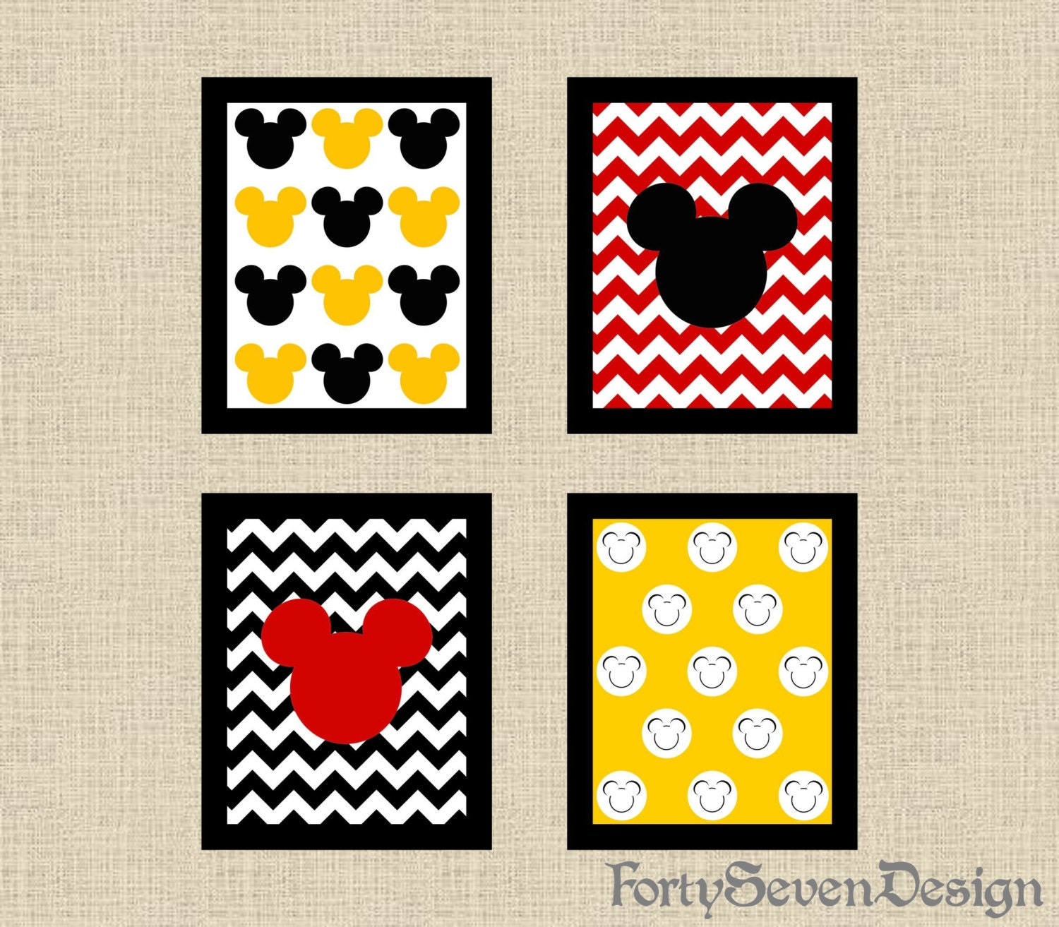 Set Of 4 Mickey Mouse Black White Yellow Red Chevron Zoom