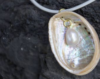 Handmade Repurpose Vintage Pearl Abalone Shell Pendant White Leather Cord Necklace OOAK Refashion Eco Friendly Boho Statement Found Salvage