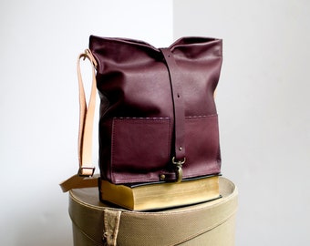 Women's Burgundy Leather Tote, Leather Crossbody Bag, Market Tote, Leather Satchel:The TOM TOM TOTE in Eggplant Burgundy Leather by Awl Snap