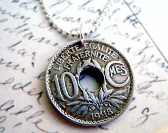 Antique Coin Jewelry France 10 centime COIN NECKLACE - French - Republique Francaise