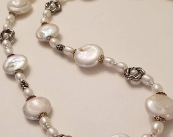 Pearl necklace, coin pearl necklace, white pearl necklace, silver and pearl necklace, bridal necklace, wedding necklace