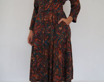 70's psychedelic print buttoned up collar dress and waist belt SIZE M