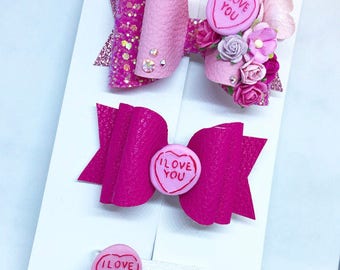 Love heart hair bow set, hair clip, girl, headband, glitter bow, heart, floral, love heart