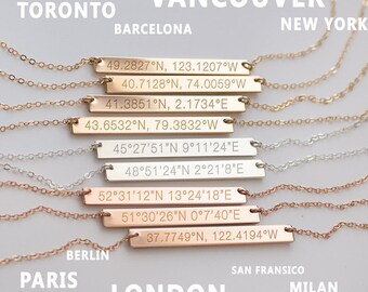 Coordinates Necklace, Coordinate Bar Necklace, Latitude Longitude, GPS Geograpic Location, Geo Jewelry, Silver Gold Rose • NBH40x41