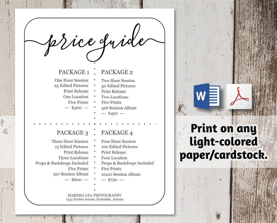 Printable Price List Template NO COLOR INK Word, Pdf Instant