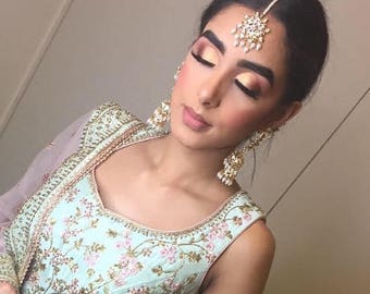 Indian Jewelry earrings tika set Pakistani designer jewellery jhumka tika tikka gold pearls wedding bridal mehndi set chandbali hyderabadi
