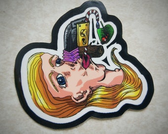 Illustrative sticker with candycane and blonde hair