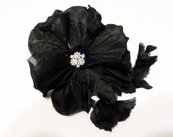 Black Bridal Hair Flower Comb, Rhinestone Ornament Center