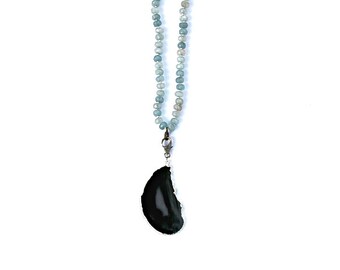 Pave Diamond Clasp Necklace, Agate Necklace, Black Agate Pendant, Hand Knotted Bead Necklace, Blue Aquamarine Necklace, Boho Necklace