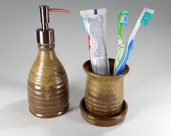 Pottery toothbrush holder soap pump set, ceramic soap dispenser, stoneware soap pump, toothbrush holder with drainage holes, coppertone pump