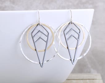 Long Dangle Earrings Geometric Jewelry Mixed Metal Jewelry Gold and Silver Earrings Modern Earrings Bohemian Chic Earrings Gold Gift For Her