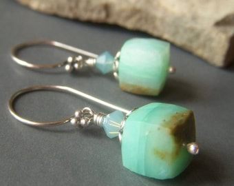 Peruvian Blue Opal Cube Earrings Sterling Silver, Short Earrings, Petite Mint Seafoam Green Gemstone Dangle, Seafoam Green Earrings