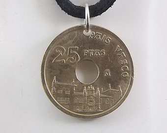 Spanish Coin Necklace, 25 Pesetas, Coin Pendant, Leather Cord, Mens Necklace, Womens Necklace, Birth Year, 2003