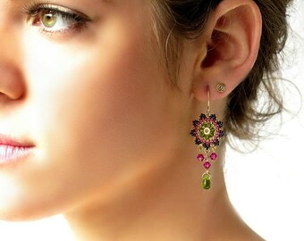 Dangle earrings women, Swarovski crystal beaded earrings, Boho chandelier earrings, Green drop earrings, Colorful earrings, Gift for wife