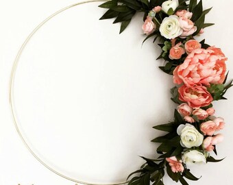 MODERN SPRING WREATH, hoop wreath, peony wreath, pink wreath, wedding wreath