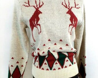 70s Reindeer Sweater, Vintage Orlon by Campus Argyle Diamond Sweater Size M Medium