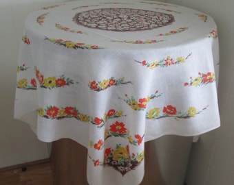 Vintage Tablecloth Linen With Flowers, Retro Linen Tablecloth Flower Print, Linen Square Tablecloth, Tablecloths, Linen Tablecloth Flowers