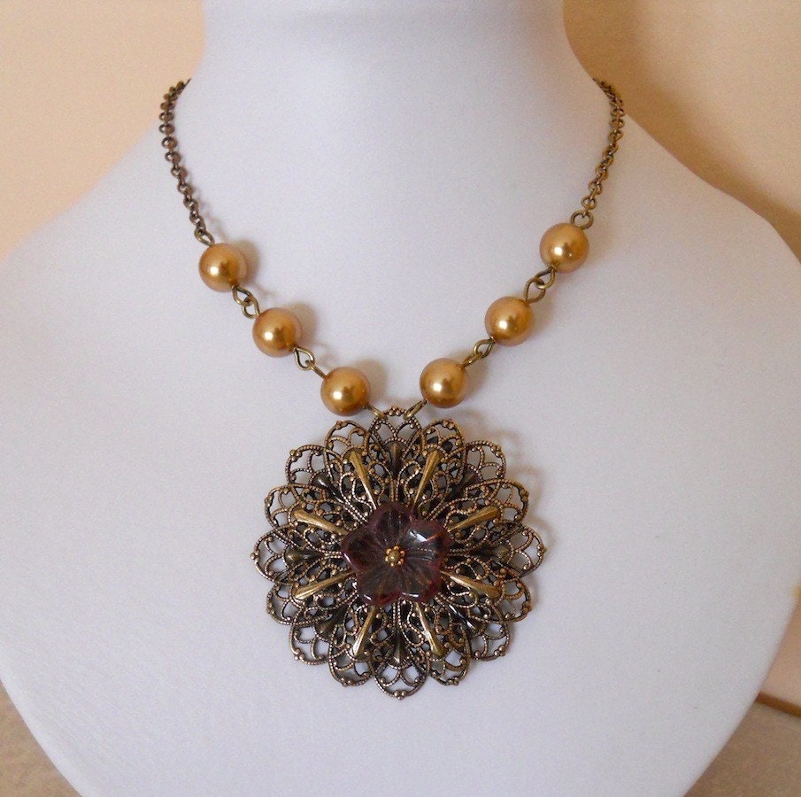 Autumn colors Necklace Plum Flower golden pearlsAntiqued