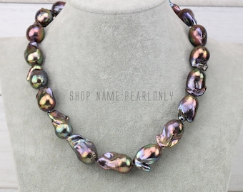 Large black baroque pearl necklace,jumbo flameball pearl necklace,metallic fireball nucleated pearl necklace,real freshwater pearl necklace