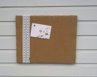 Burlap and Lace Bulletin or pin Board, Memo or Vision, gold burlap with ecru lace, for photo and card display, cabin decor