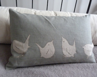 hand printed and embroidered little eau de nil wrens cushion cover