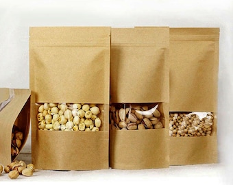 100 KRAFT BAGS, ziplock bags with transparent window, resealable snack bags, food storage bag, Stand Up pouch, tea bag, Food Packaging Bag