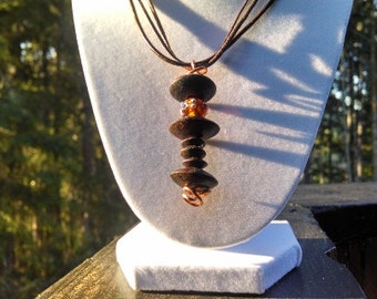 Hand crafted wooded beads from Bangkok with copper wire, glass bead, on 18" leather necklace