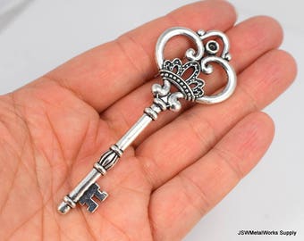 One (1) Large Skeleton Key Pendant, Ornate Key Charm, Pewter Pendant, Jewelry Supply, Crown Design, Jailers Key, Steampunk