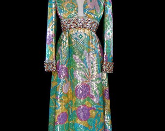 1960s Malcolm Starr metallic lamé gown, heavily beaded jeweled dress, décolleté, empire waist long sleeve, couture evening red carpet formal