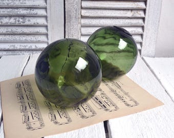 2 Vintage French Green Glass Fishing Floats Buoys Balls Beach