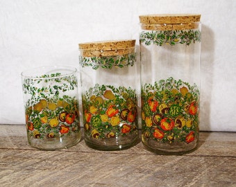 vintage mid century glass containers kitchen cannisters cork lids set of three retro kitchen decor jars