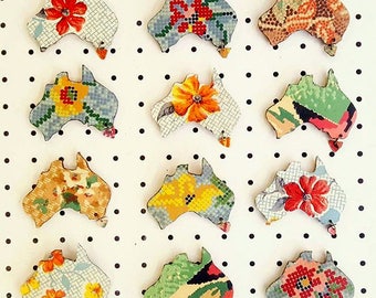 Set of Three Lino Australia Fridge Magnets/Brooches