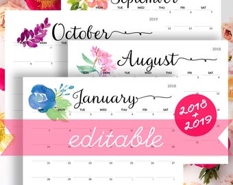 Floral Calendar PRINTABLE Calendar to Type In 2018 Wall Calendar Editable Calendar with Birthdays Monthly Calendar for Family Cute Calendar