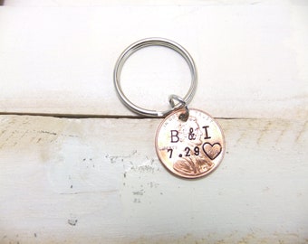 Penny Keychain, Couples Keychain, Hand Stamped Keychain, Custom Penny Keychain, 7th Anniversary Gift