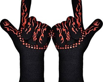 Set of 2 Black Pairs of BBQ Grilling Cooking Gloves With a Flame Secure-Grip Design Kitchenware Kitchen Accessory Supplies Adult Gift