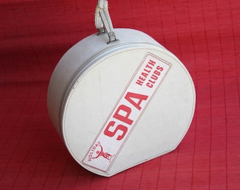 1960s White Round Luggage, Mid Century Modern Tote, Holiday Spa Health Clubs, Zippered Small Luggage with Handle, Retro, Red and White