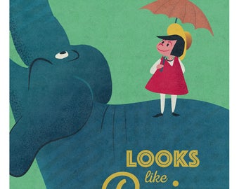 Looks like Rain, Elephant, Nursery Art, Childrens Bedroom Art,