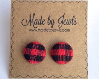 Black Friday Sale Red and Black Buffalo Check Plaid Fabric Covered Button Hypoallergenic Post Stud Earrings 10mm
