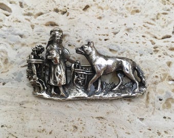 Vintage Pressed Metal/Pewter? Brooch - Dutch In Style- Of A Fox & Girl