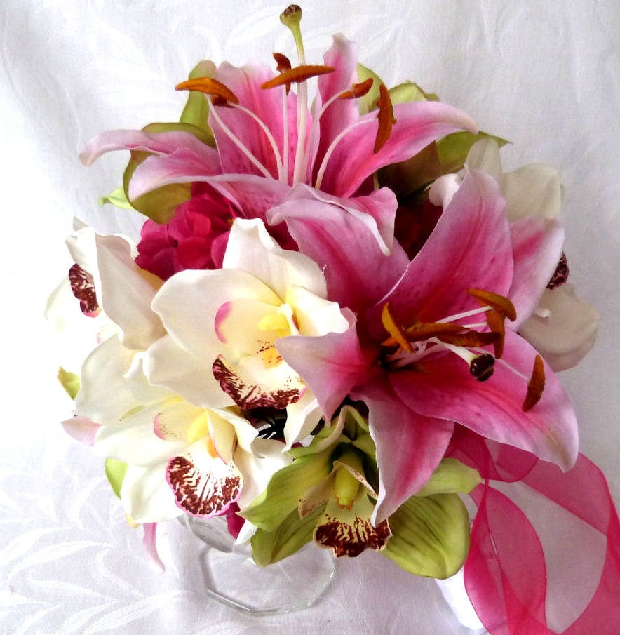 4 Piece Set Orchid Bridal Bouquet Green Hot Pink And White 4 Piece Set Orchid Bridal Bouquet Green Hot Pink And White