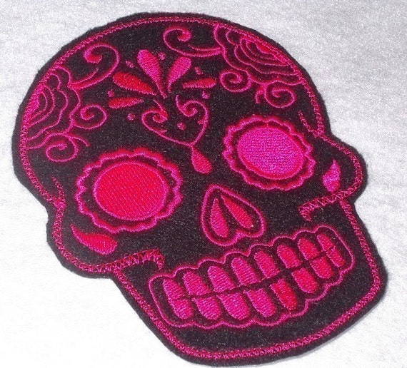 Mexican Day of the Dead Sugar Skull Patch Embroidery black and limeDay of the Dead, Sugar Skull EMBROIDERED patch '15'