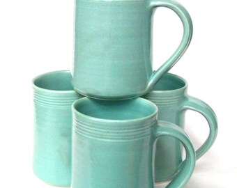 Set of 4 Pottery Handmade Coffee Mugs -- Aqua Blue Hand thrown ceramic mug -- Handmade blue coffee mug set