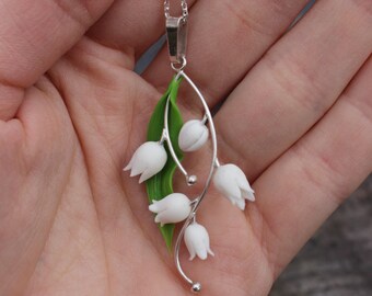 Silver anniversary necklace pendant. Fimo Lily of the Valley. Polymer clay jewelry. Miniature necklace. Succulent plant Jewelry gift
