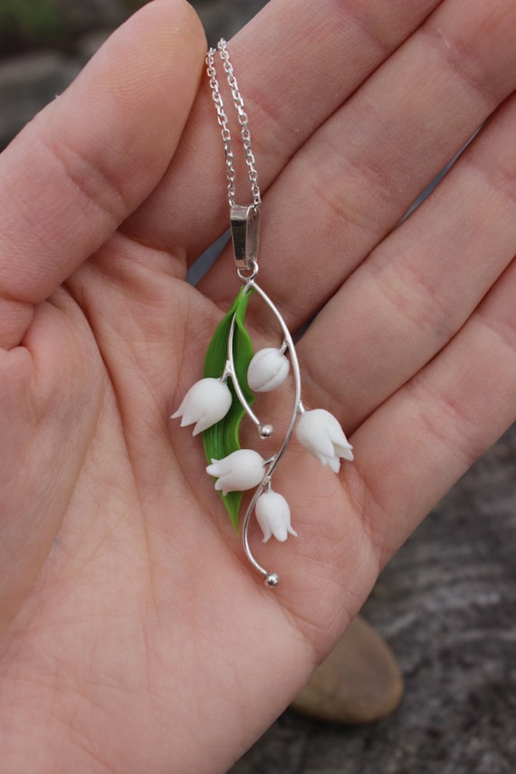 Silver anniversary necklace pendant. Fimo Lily of the Valley